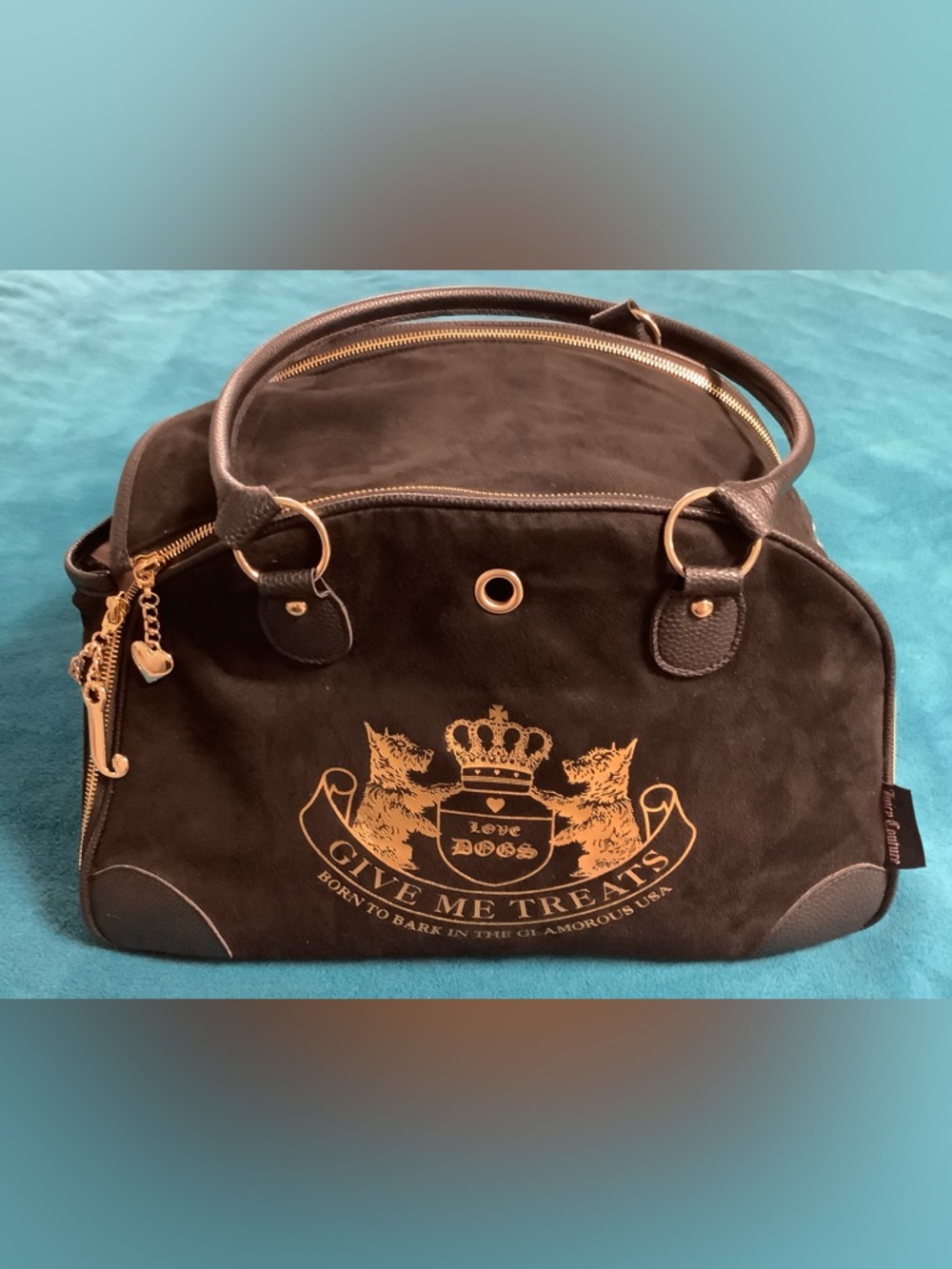 Juicy Couture Give Me Treats Faux Suede Dog Carrier with Gold Crest